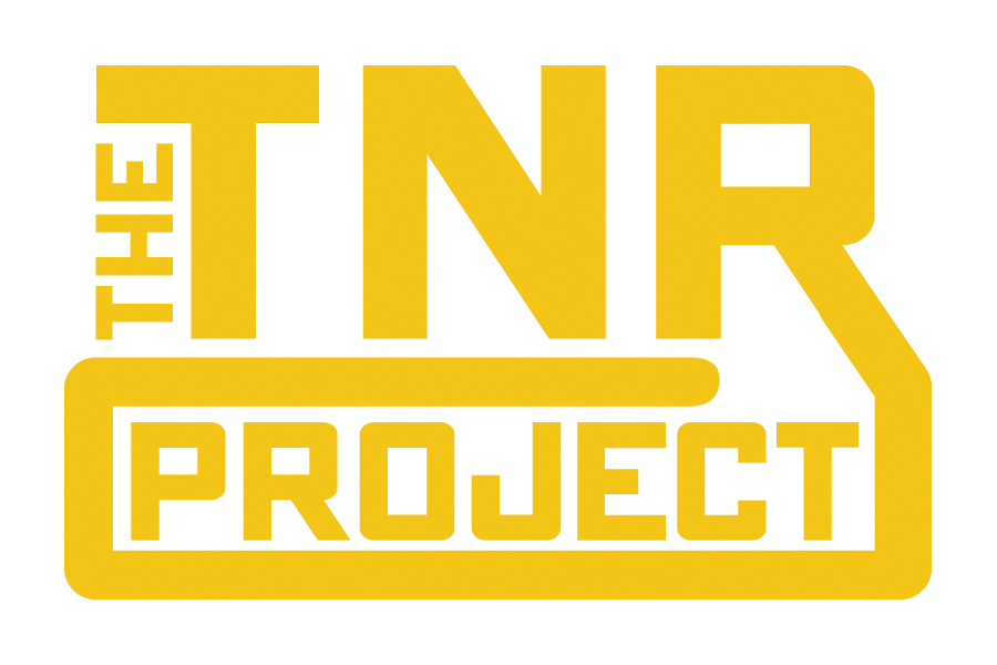 Gold-colored logo with the words "THE TNR PROJECT" arranged in a square design.